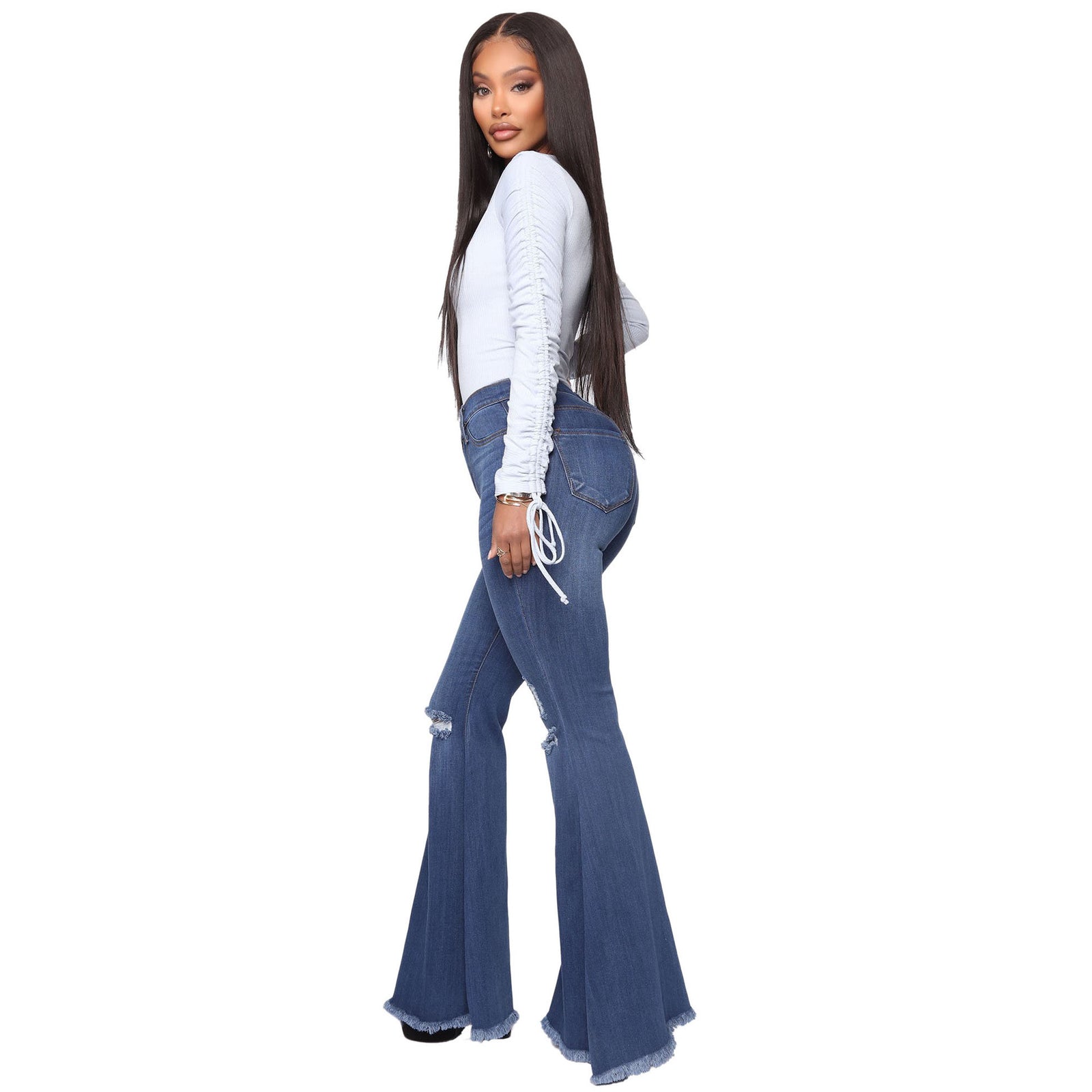 Women's Knee Hole Denim Flared Pants