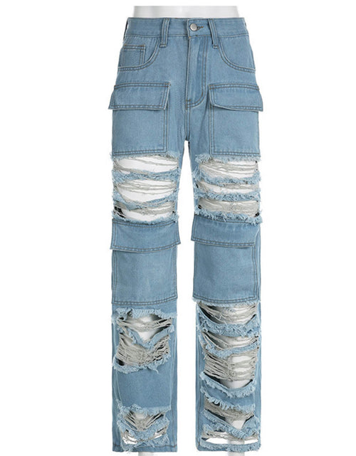 Load image into Gallery viewer, Beggar Wind Hole Raw Hem Jeans Female
