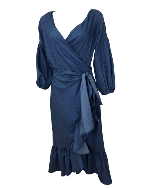 Load image into Gallery viewer, Ruffled Lantern Sleeves V-neck Denim Dress
