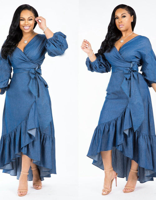 Load image into Gallery viewer, Ruffled Lantern Sleeves V-neck Denim Dress
