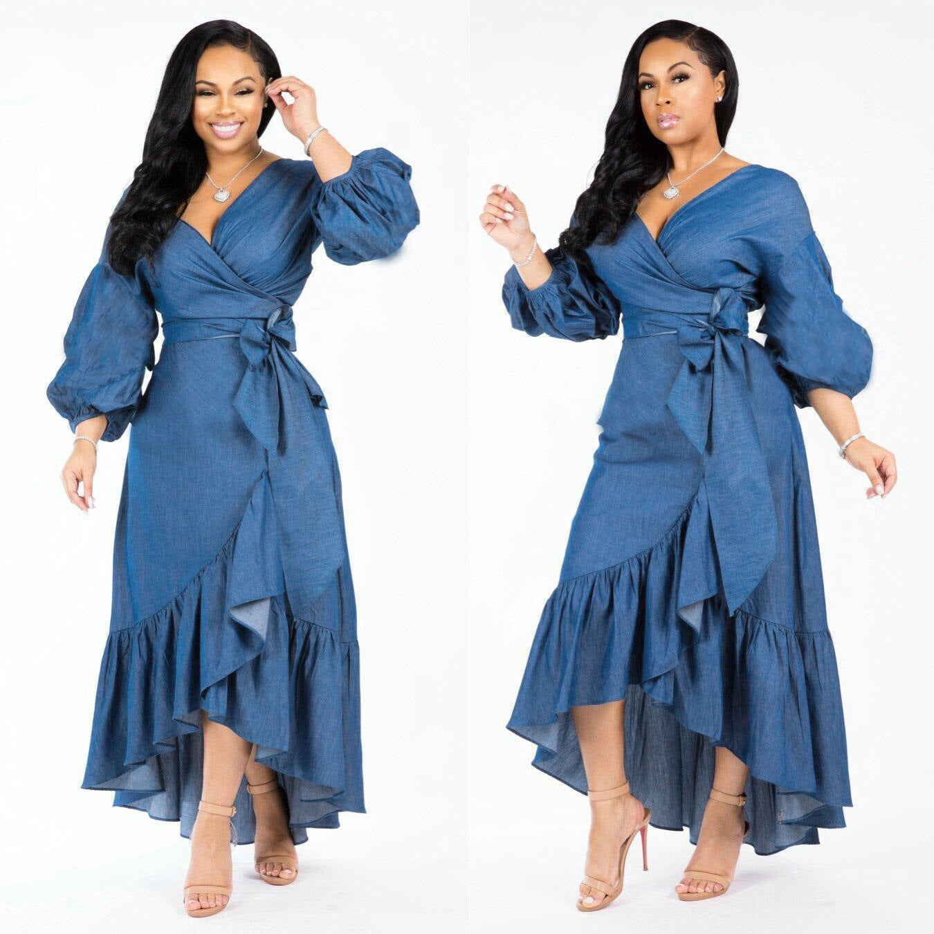 Ruffled Lantern Sleeves V-neck Denim Dress