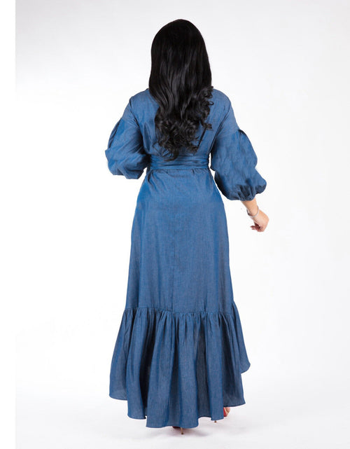 Load image into Gallery viewer, Ruffled Lantern Sleeves V-neck Denim Dress
