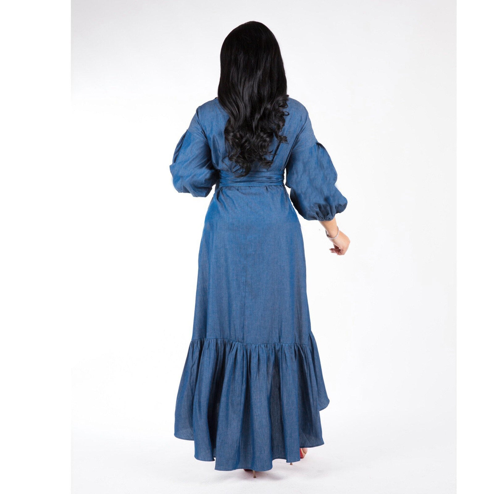 Ruffled Lantern Sleeves V-neck Denim Dress