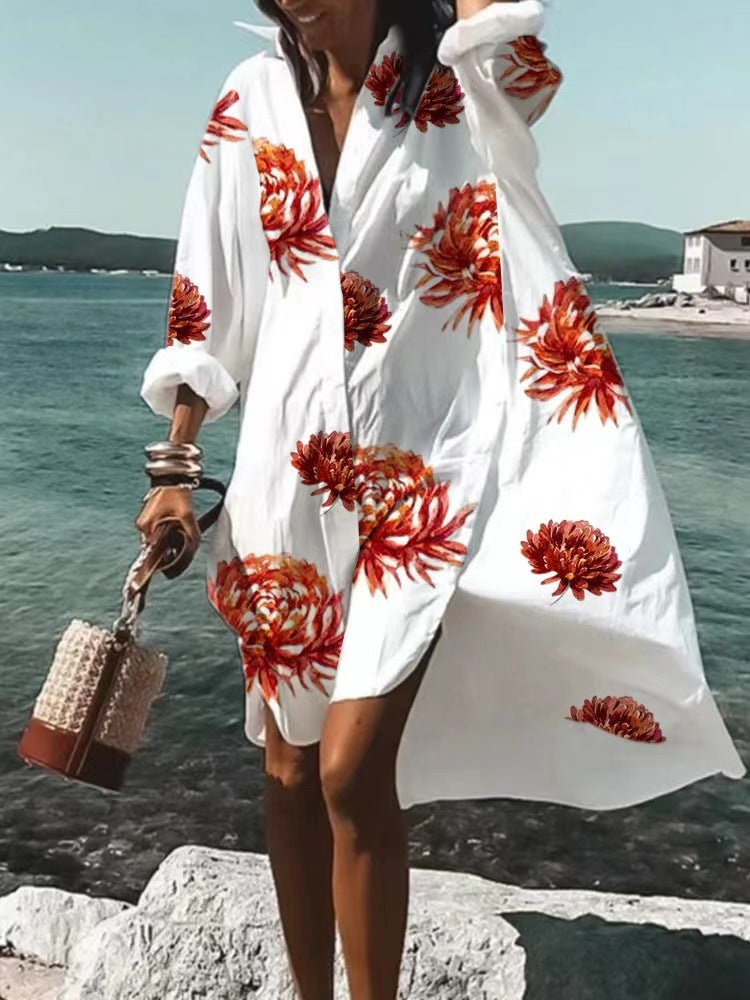 Women's Loose Digital Printing Long-sleeved Lapel Shirt Dress