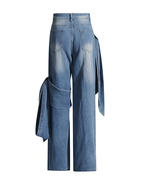 Load image into Gallery viewer, Women&#39;s Washed Distressed Stitching Bow Wide Leg Jeans
