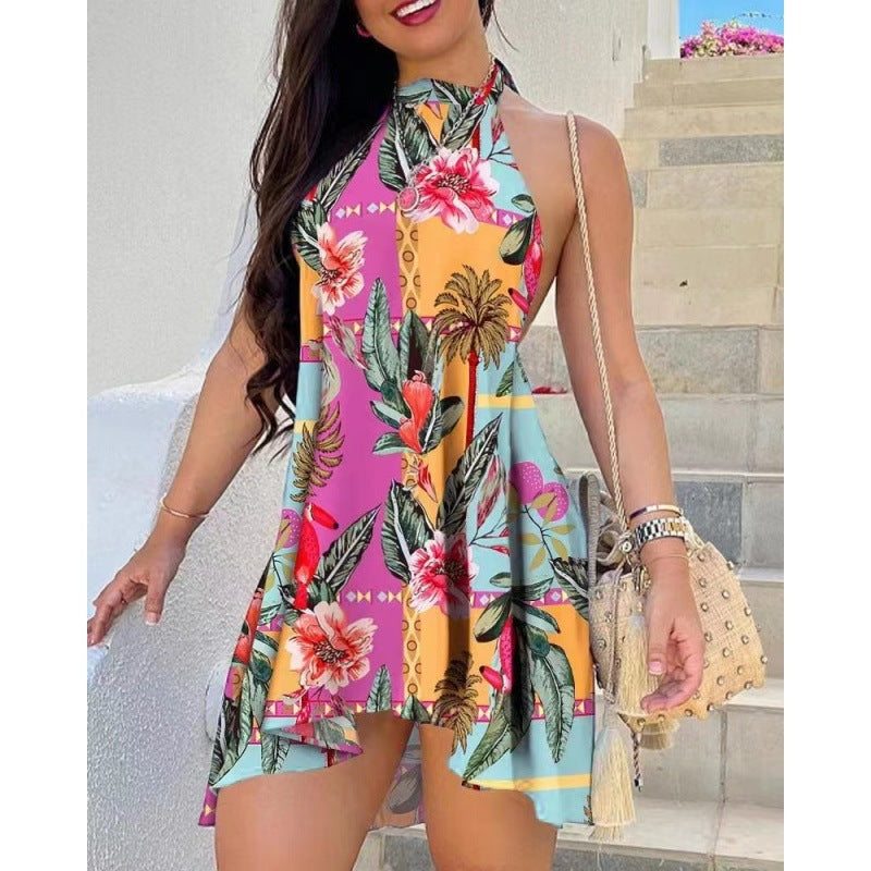 Women's Printed Backless Lace-up Dress