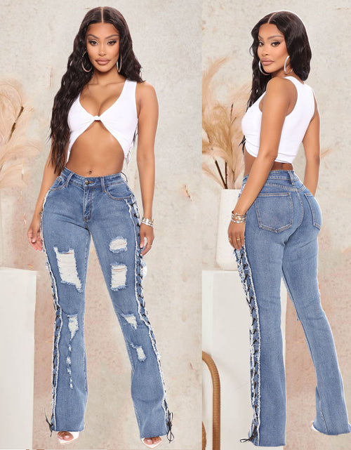 Load image into Gallery viewer, Eyelet Rope High Elasticity Slim Fit Ripped Denim Trousers
