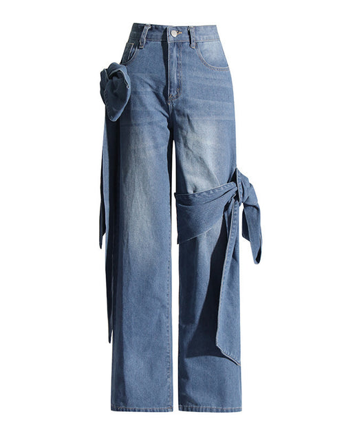 Load image into Gallery viewer, Women&#39;s Washed Distressed Stitching Bow Wide Leg Jeans
