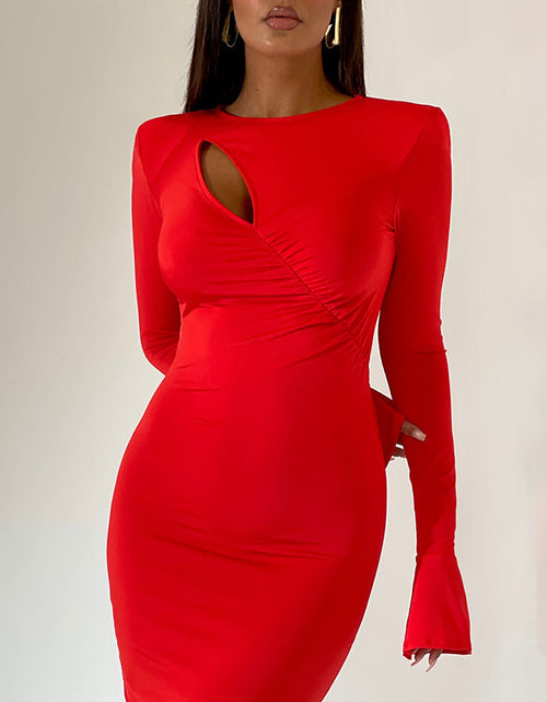 Load image into Gallery viewer, Round Neck Stitching Ruffle Flared Long Sleeve Narrow Dress
