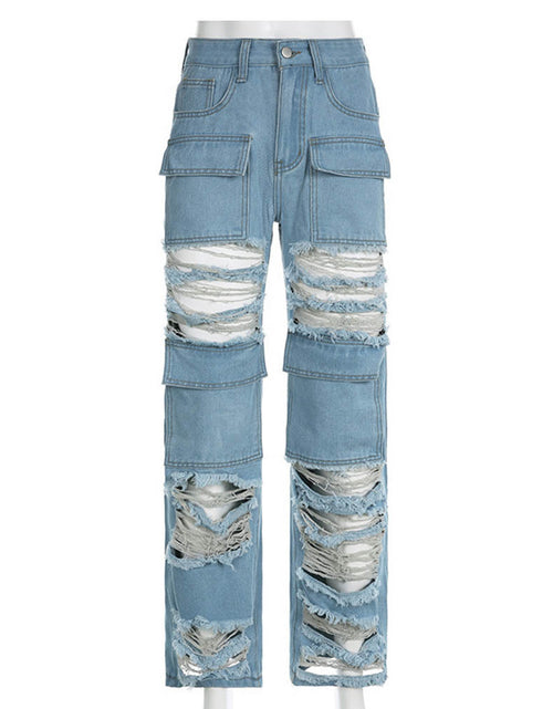 Load image into Gallery viewer, Beggar Wind Hole Raw Hem Jeans Female
