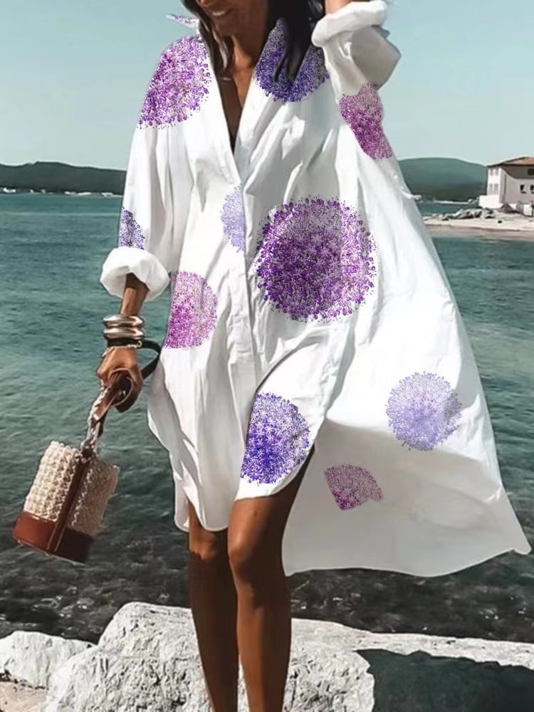 Women's Loose Digital Printing Long-sleeved Lapel Shirt Dress