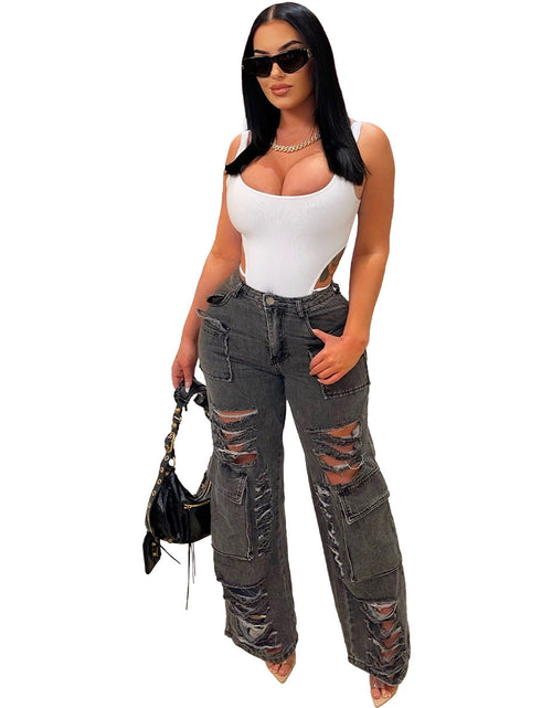 Load image into Gallery viewer, Ripped Burnt-out Workwear Bag Slightly Flared Denim Trousers
