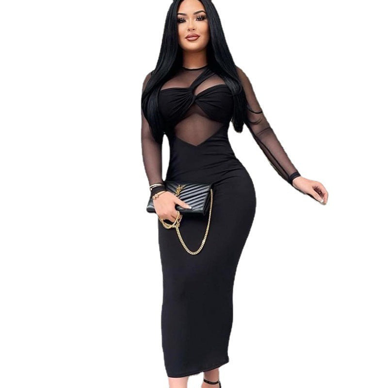 Mesh Stitching Long Sleeves Mid-length Tight Dress