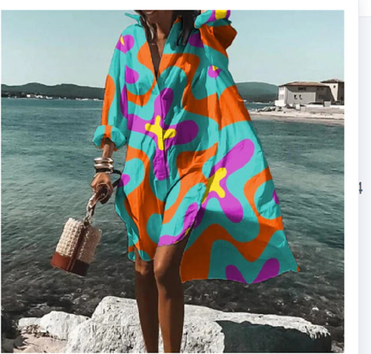 Women's Loose Digital Printing Long-sleeved Lapel Shirt Dress