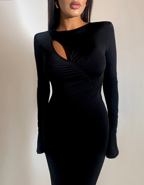 Load image into Gallery viewer, Round Neck Stitching Ruffle Flared Long Sleeve Narrow Dress
