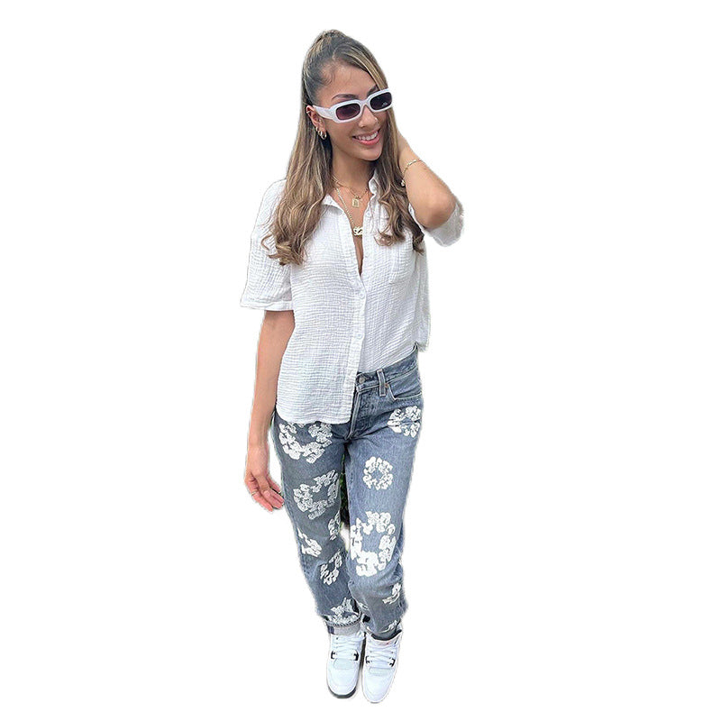 Fashionable Printed High Waist Straight Jeans For Women