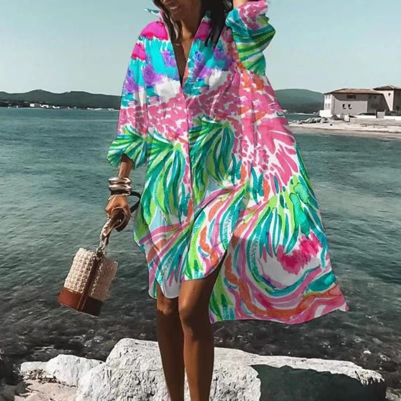 Women's Loose Digital Printing Long-sleeved Lapel Shirt Dress