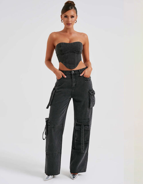 Load image into Gallery viewer, Women&#39;s Suit Low Waist Three-dimensional Tube Top And Pocket Stitching Jeans Pants
