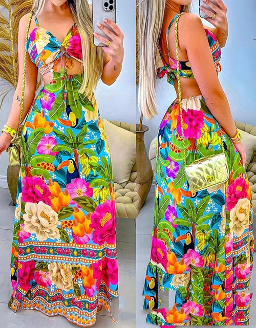 Load image into Gallery viewer, Tropical Printed Floral Halter Midriff Outfit Dress
