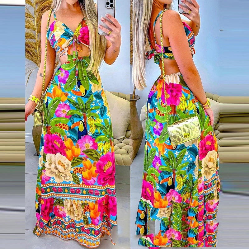 Tropical Printed Floral Halter Midriff Outfit Dress