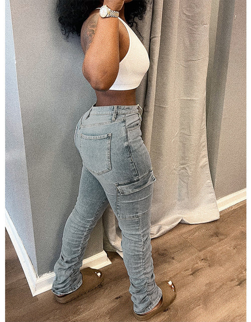 Load image into Gallery viewer, Stand Pleating Side Pocket Fashion Personality Low Waist High Elastic Jeans
