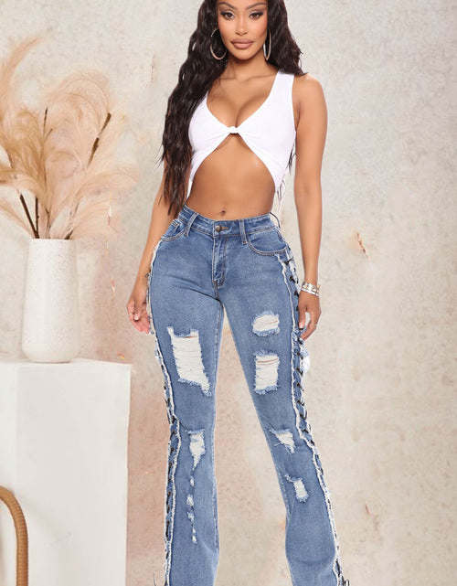 Load image into Gallery viewer, Eyelet Rope High Elasticity Slim Fit Ripped Denim Trousers
