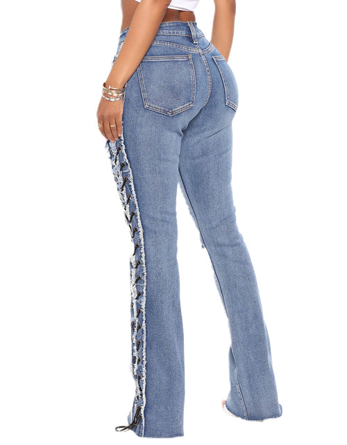 Load image into Gallery viewer, Eyelet Rope High Elasticity Slim Fit Ripped Denim Trousers
