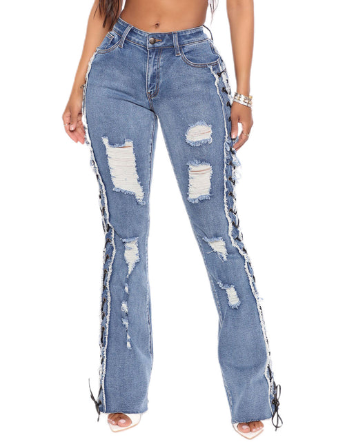 Load image into Gallery viewer, Eyelet Rope High Elasticity Slim Fit Ripped Denim Trousers
