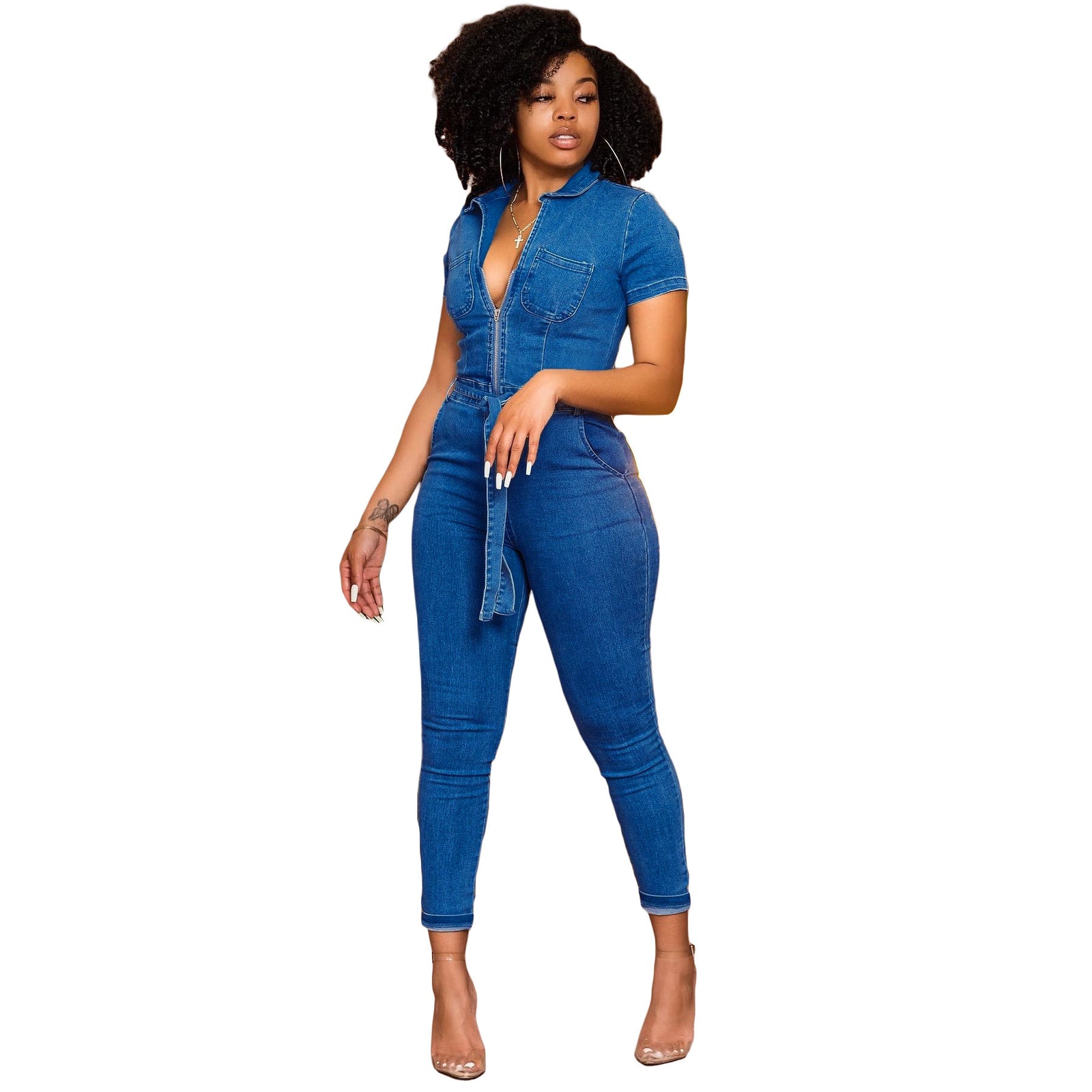 Washed Fashionable Sleeveless One-piece Denim Trousers