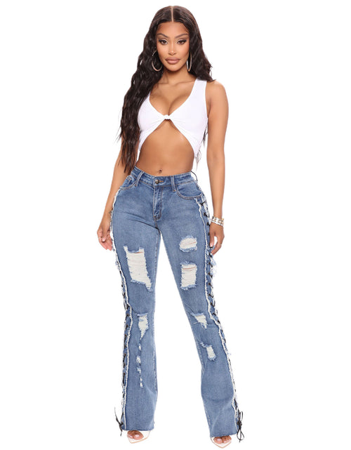 Load image into Gallery viewer, Eyelet Rope High Elasticity Slim Fit Ripped Denim Trousers
